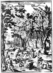 Pohjois-Amerikan huroniintiaanit metsästämässä ja valmistamassa ruokaa metsässä, 1686