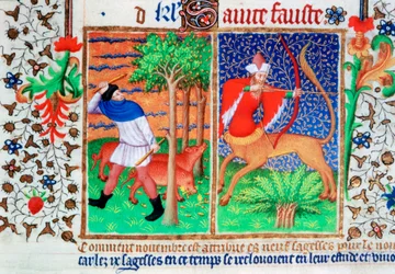 Marraskuu: sikojen ruokinta ja Jousimies, c1423