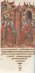 Novgorod veche. Valituslaulu ruhtinas Mstislav Mstislavichista. Valaistusta koottu Chr