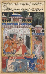 Sivu elokuvasta Tales of a Parrot Tuti-nama: Kahdeksas yö: Petollisen vaimon hyökkäykset, n. 1560.