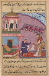 Sivu julkaisusta Tales of a Parrot Tuti-nama: Kahdeksas yö: Kauppiaan virkailija korvaa..., c. 1560.