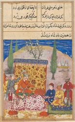 Sivu julkaisusta Tales of a Parrot Tuti-nama: Kahdeksas yö: Nuori prinssi esitellään..., 1558-1560.