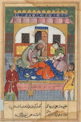 Sivu julkaisusta Tales of a Parrot Tuti-nama: Neljäkymmentätoinen yö: Katumassa käytöstään..., n. 1560.