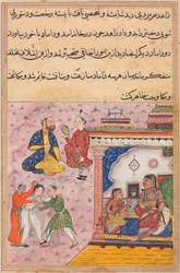 Sivu elokuvasta Tales of a Parrot Tuti-nama: Kahdeskymmenes yö: Kolme kosijaa taistelevat..., c. 1560.