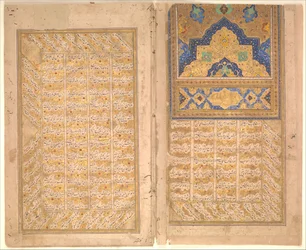 Kalligrafiasivuja Sharafnaman Nizamin kunniakirjasta, n. 1620-30.