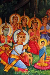Maalaus, joka kuvaa Buddhan syntymäpäivää (Wesak) Wat Than Phnom Penh Cambodgessa