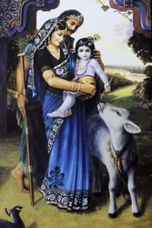 Maalaus, joka kuvaa hindujumala Krishnaa vauvana sijaisvanhempiensa Yashodan ja Nandan kanssa. Intia