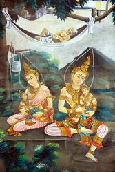 Shakyamuni Buddhan elämäntarinaa kuvaava maalaus. Wat Naxai. Vientiane. Laos, 20151106, Vientiane, Laos
