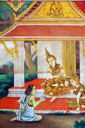 Shakyamuni Buddhan elämäntarinaa kuvaava maalaus. Wat Naxai. Vientiane. Laos, 20151106, Vientiane, Laos