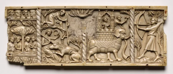 Arkun paneeli, jossa on kohtauksia hoviromaaneista, 1330-1350 tai uudempi.