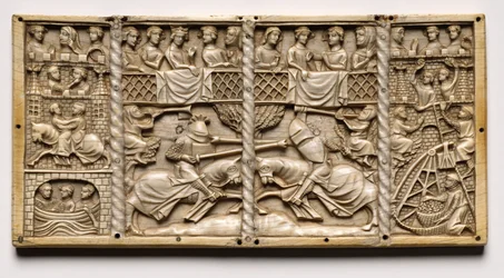 Arkun paneeli, jossa on kohtauksia hoviromaaneista, n. 1330-1350 tai myöhemmin.