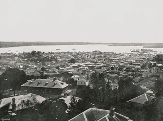 Panoraamanäkymä kukkuloilta, Auckland, Uusi-Seelanti, 1895.