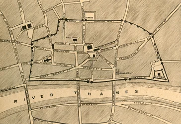 Osa modernia Lontoota, näyttää muinaista muuria, 1897.