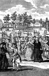 Ihmisiä komean kodin puutarhoissa, 1700-luku