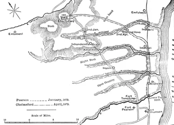 Suunnitelma Pearsonin marssista tammikuussa 1879 ja Chelmsfordin marssista huhtikuussa 1879 Etschoween vuonna 1880