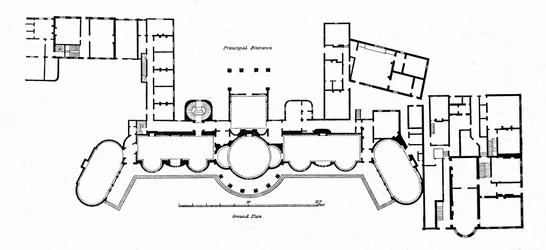 Paviljongin suunnitelma, jossa näkyy muutoksia Hollandin alkuperäiseen rakennukseen, joka valmistui 1804, 1939
