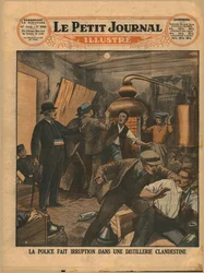 Poliisi ratsii laittomaan tislaamoon, 1930.