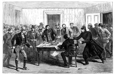 Poliisiratsia National Rentin toimistoihin Loughreassa, Irlannissa, 1887
