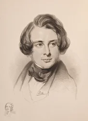 Charles Dickensin muotokuva. Luonnos Dickensin sisaresta Fannysta, alhaalla vasemmalla, 1842.
