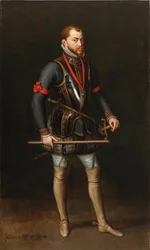 Muotokuva Philip II:sta 1527-1598, Espanjan kuningas, panssariin ja kultaisen fleecen ritarikunnan kanssa.