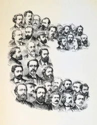 Juliste, jossa on muotokuvia kommunaareista, Pariisin kommuunista, 1871.
