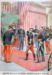Prinssi Kotohito Kan saapumassa Élysée-palatsiin Pariisissa, 1900