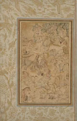 Prinssit metsästämässä kivisessä maisemassa, n. 1580-85, reunat lisätty n. 1700-luku.