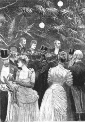 Prinsessa Alexandra myy kukkia Lontoon sairaaloiden avuksi pidetyssä juhlassa 23. heinäkuuta 1884,