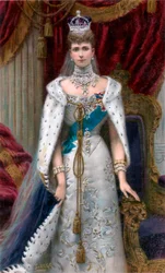 Kuningatar Aleksandra täydellisessä kruunajaispuvussa, 1902