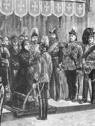 Kuningatar Victoria koristelemassa upseeria... Windsorissa, 8. joulukuuta 1879, 1901.