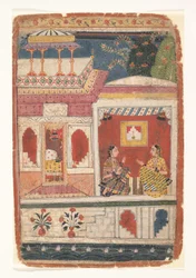 Radha ja hänen uskottunsa istuvat avoimessa huoneessa: Sivu hajallaan olevasta Rasikapriyasta, n. 1680-90.
