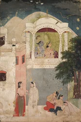 Radha ja Krishna istuvat parvekkeella, n. 1760.