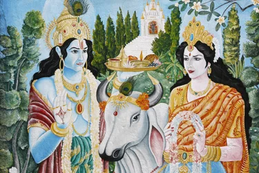 Rama, Sita ja pyhä lehmä. Rama on Vishnun 7. ruumiillistuma. Pashupatinath, Kathmandu, Nepal