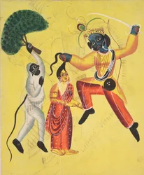 Rama ja Hanuman, pitelee juurineen puuta, pelastaa Sitan, 1800-luku.