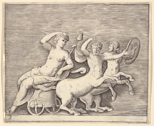 Two Centaursin piirtämä makuuasennossa oleva naishahmo vaunuissa, julkaistu n. 1599-1622.