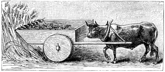 Galliassa antiikin Rooman aikoina käytetyn niittokoneen rekonstruktio Pliniusin kuvauksen mukaan, c1890