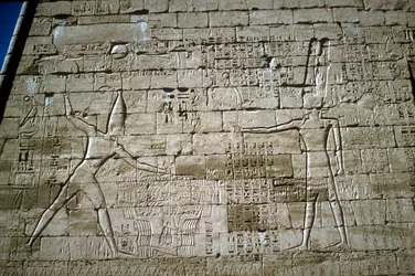 Vihollisia lyövän Ramses III:n helpotus, Ramses III:n ruumistemppeli, Medinet Habu, 1200 eKr.