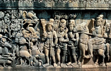 Reliefi, jossa on kohtaus sutrasta, Barabudur, Java, c750-850