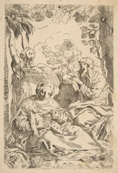 Lepää Egyptissä, pyhä perhe istuu enkelin vetäessä puun oksia..., n. 1637-1639 tai sen jälkeen.