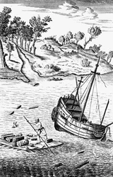 Robinson Crusoe pelastamassa tavaransa aluksen hylystä, c1719