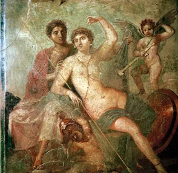 Roomalainen seinämaalaus Cupidosta, Venuksesta ja Marsista, Pompejista, Italiasta