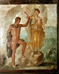 Roomalainen seinämaalaus Perseuksesta vapauttamassa Andromedaa, Dioscurien talo, Pompei, Italia