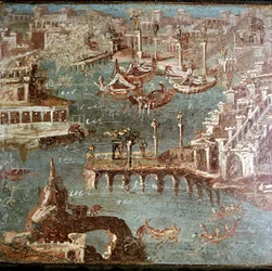 Roomalainen seinämaalaus satamakohtauksesta, Stabiae, lähellä Pompeja, Italia
