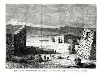 Inkamonumenttien rauniot Tiahuanacun ympäristössä, Titicaca-järven eteläpuolella, Bolivia, 1877