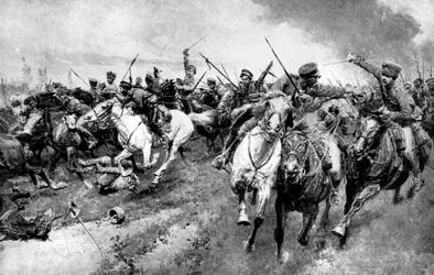 Venäjän kasakat hyökkäämässä Saksan armeijaa vastaan, Itä-Preussi, ensimmäinen maailmansota, 1914
