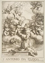 Pyhä Anthony Padovalainen palvomassa Kristus-lapsia, kopio Cantarinin mukaan, 1640.