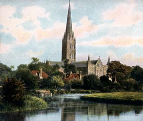 Salisburyn katedraali Avon-joelta katsottuna, Salisbury, Wiltshire, 1900-luvun alku