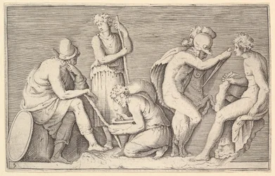 Scene of Sacrifice with Warrior Killing Ram ja neljä muuta hahmoa, julkaistu n. 1599-1622.