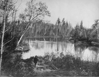 Kohtaus Peshtigo-joella, Wisconsinissa, vuodelta 1897.