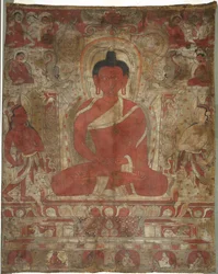 Istuva Amitabha avustajien kanssa, n. 1100-luku.